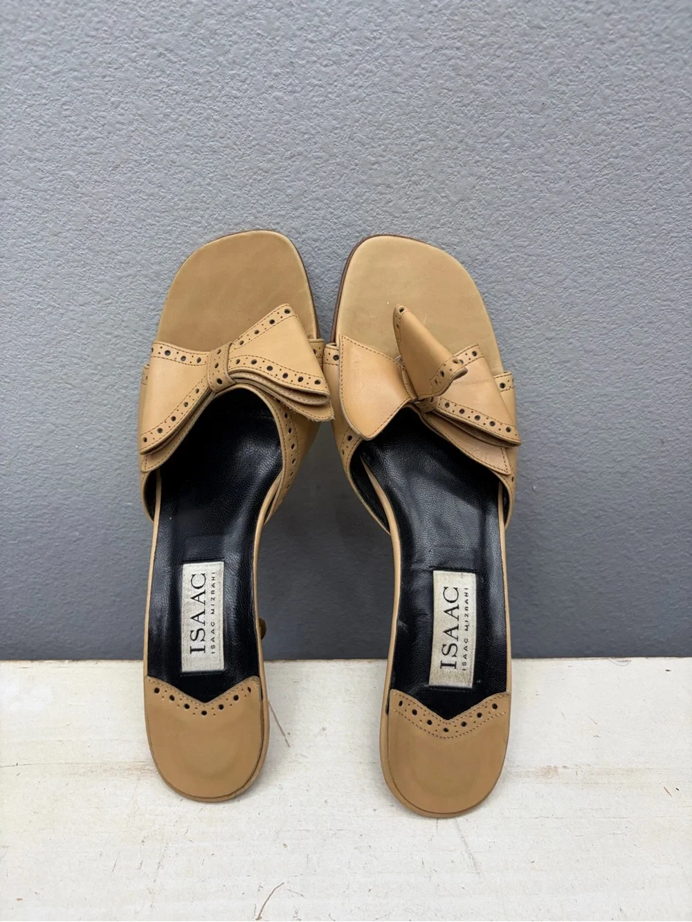 Isaac Mizrahi Brown Leather Open Toe Bow Slide Pumps Size 10